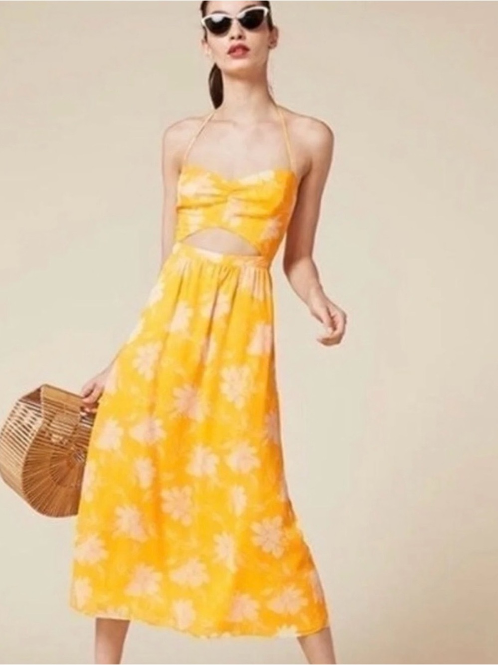 Reformation Yellow Floral Halter Cutout Midi Maxi Dress Size 8 Made in USA
